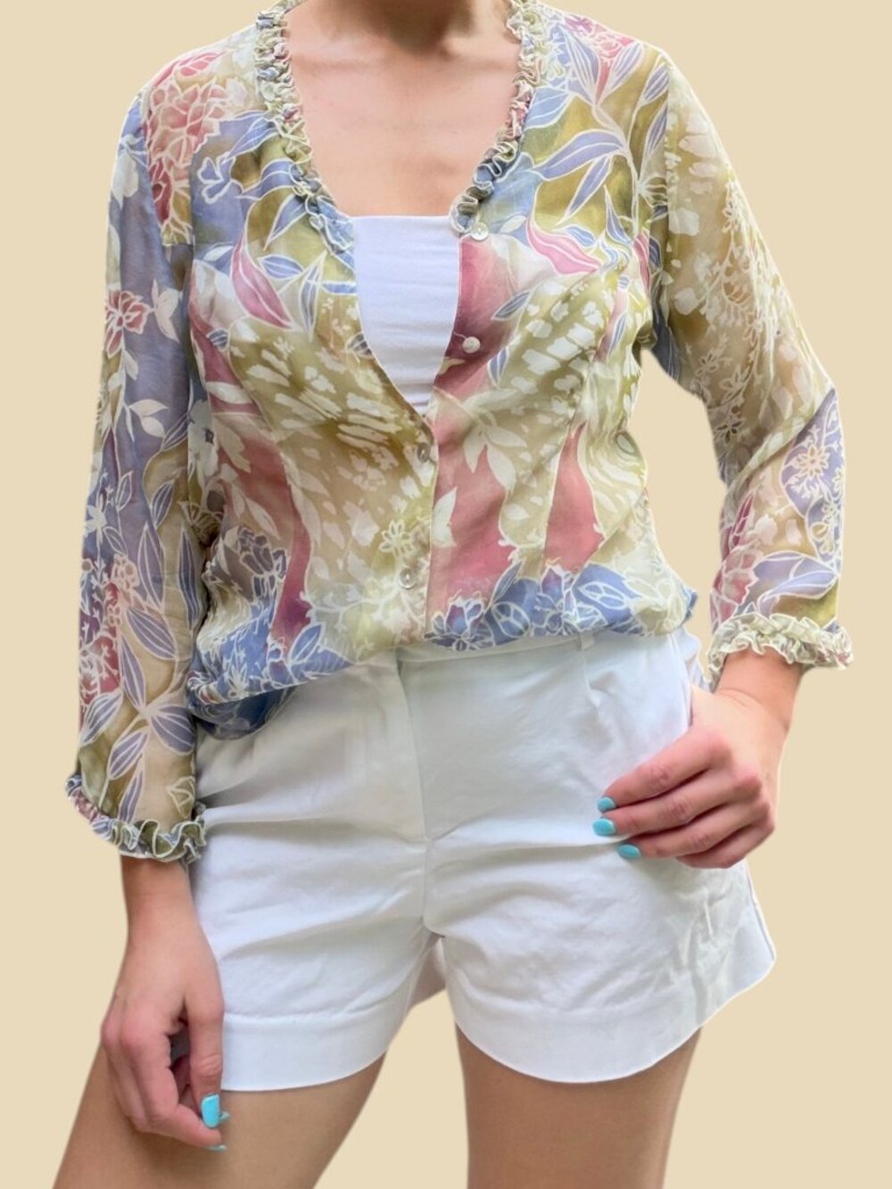 TESS Vintage 90s Sheer Silk Watercolor Botanical Blouse